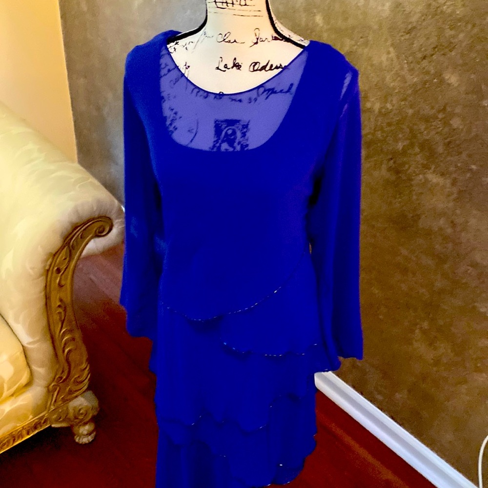 Beautiful cobalt blue dress with floating layers.